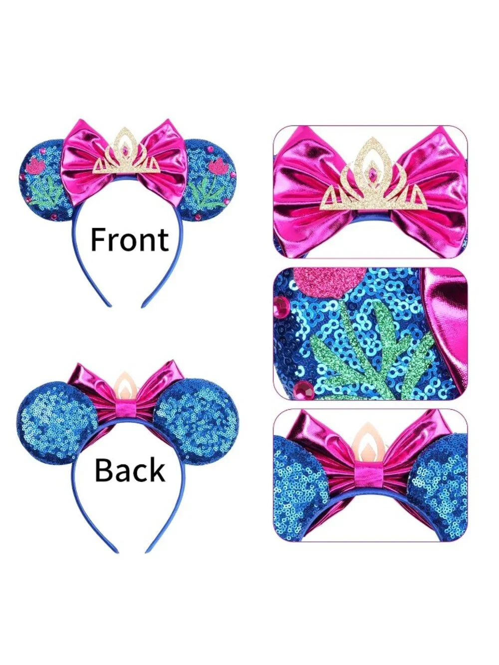 Women Pink-Blue Polyester Sparkle Sequin Mickey Mouse Hair Bow Handmade Headband